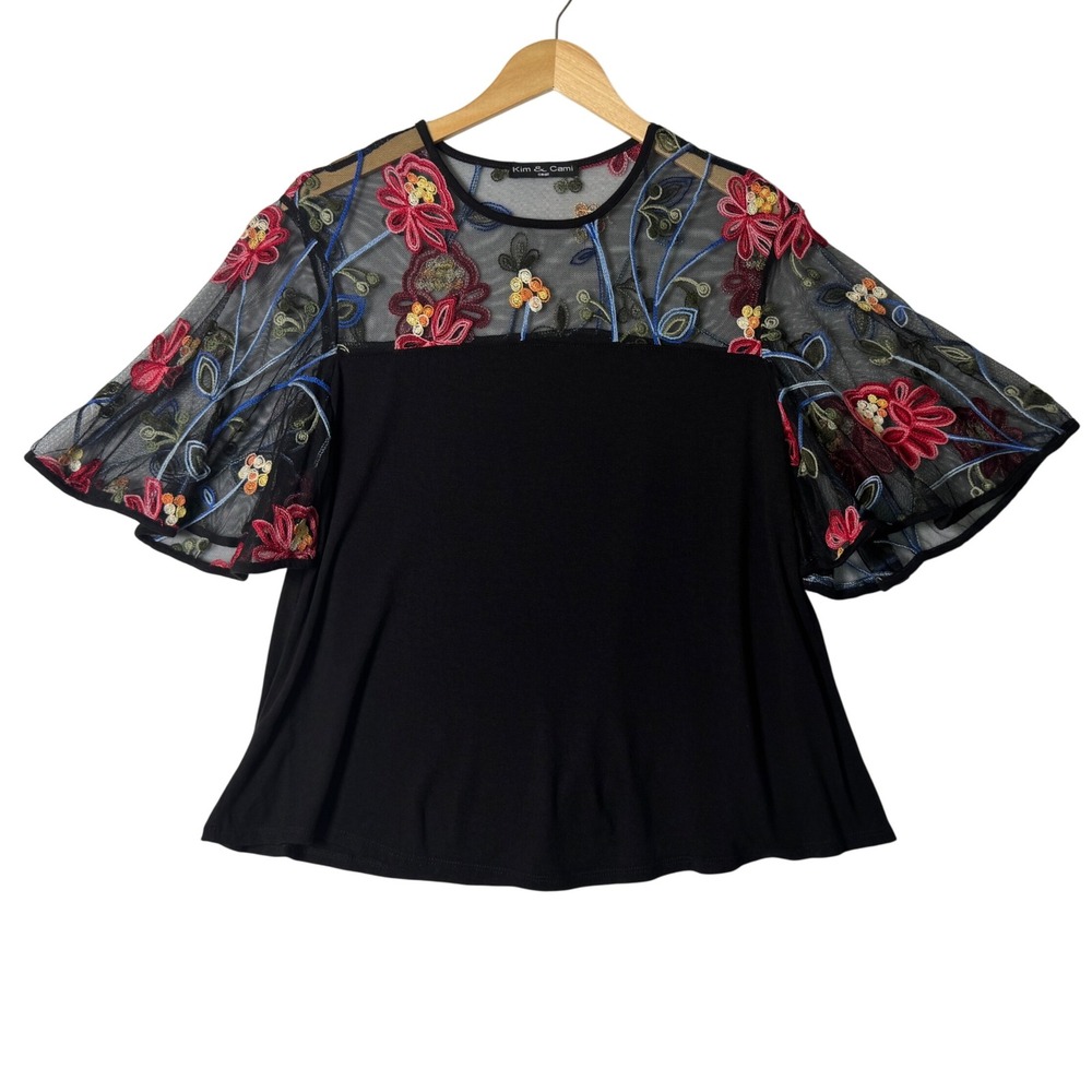 Kim‎ & Cami Womens Size Small Black Embroidered Mesh Boho Fairy Whimsigoth Top